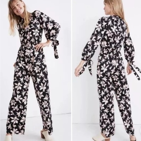 Madewell Winter Orchid blk & pnk jmpsuit w bk zip elstc wst & tie slvs SZ S - Picture 1 of 13